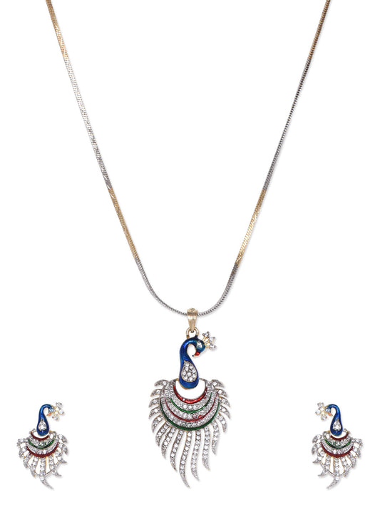 Gold-Polished Alloy Peacock Shape American Diamond Pendant Set - The Pari | Swadesiicart