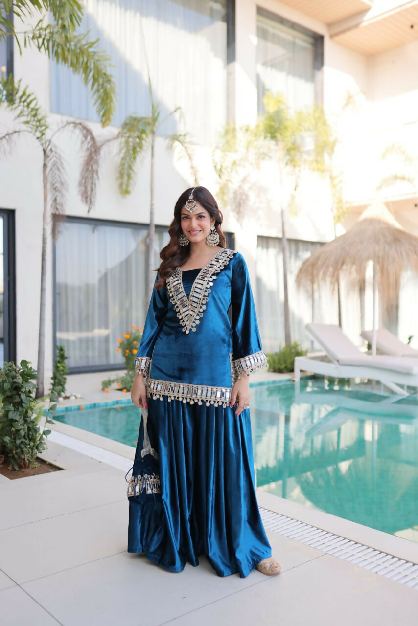 Joban Fashion Rama Velvet Embroidery Sequence Work Readymade Kurta Set