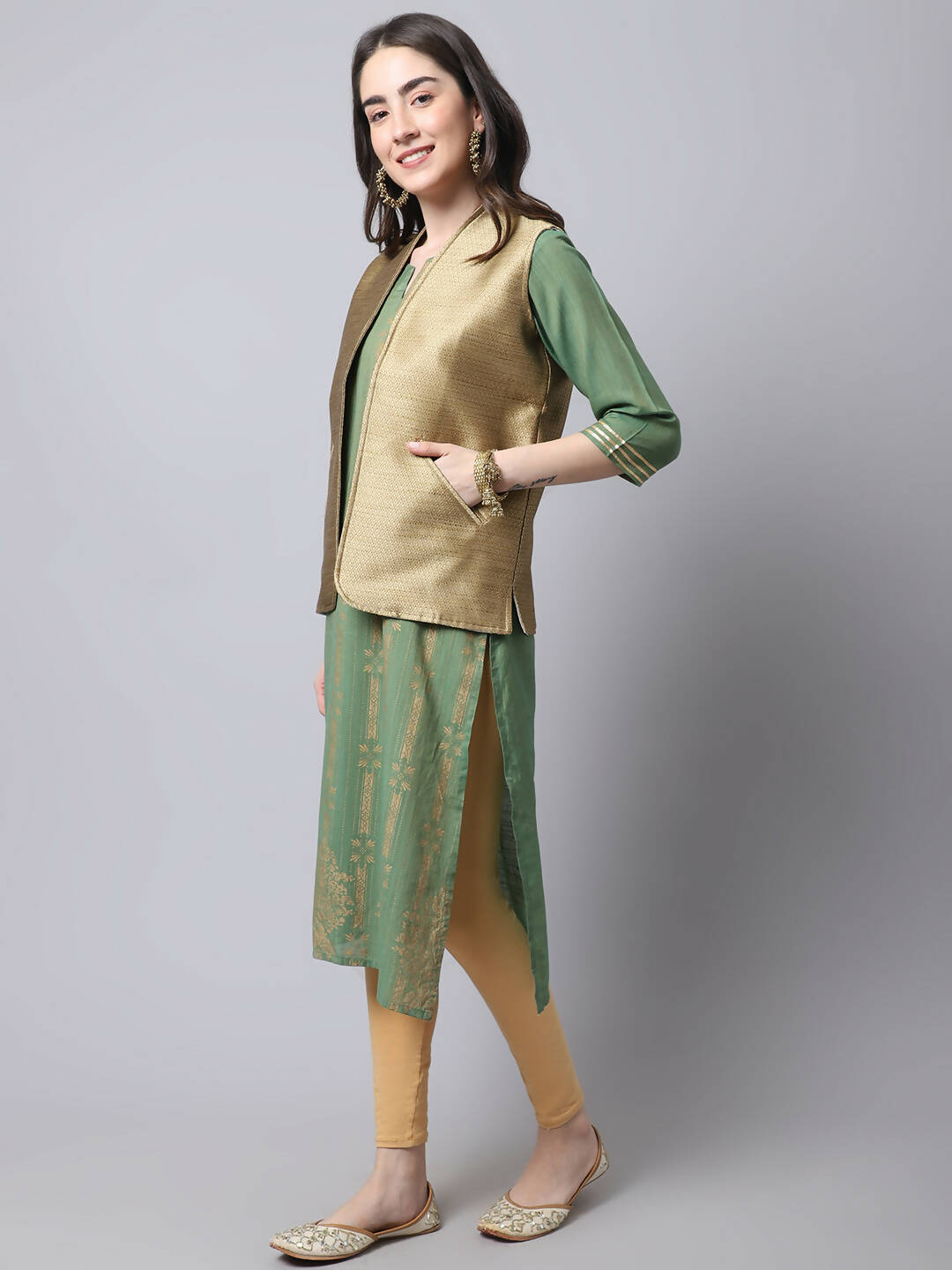 Even Apparels Beige Bansari Silk Open Front Women's Gillet