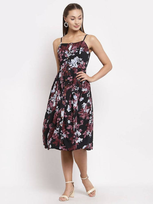 Myshka Women's Multi Color Crepe Printed Sleeveless Square Neck Casual Dress