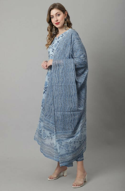 Aastha Fashion Women's Sky Blue Cotton Jaipuri Printed Kurta with Trouser & Dupatta - Grab2buy