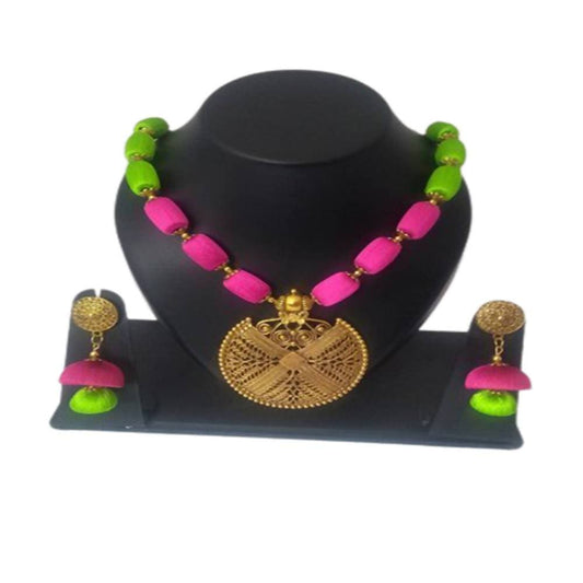 Kundan HandiKrafts Pink And Green Silk Thread Necklace - Grab2buy