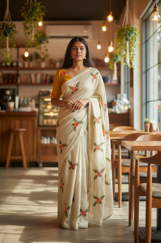 Teeya Creation Cream Rangoli Silk Embroidery Work Party Wear Designer Saree