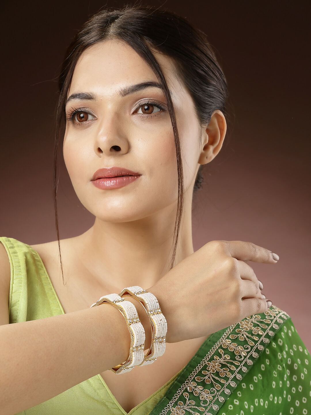 NVR Women's Set of 2 Gold-Polished Pearl Handcrafted Traditional Bangles 