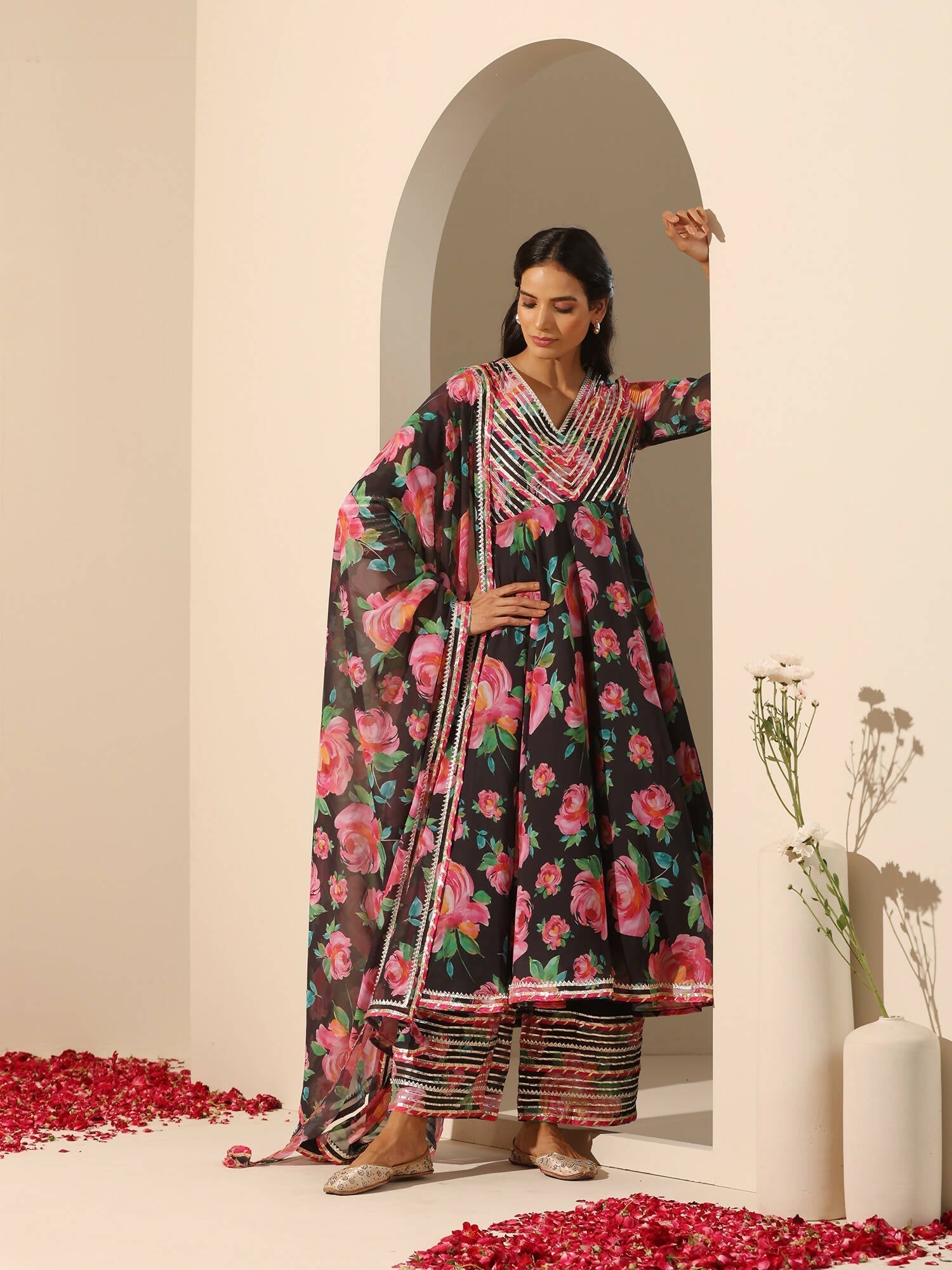Pomcha Jaipur Black Gul Gulab Anarkali Set 
