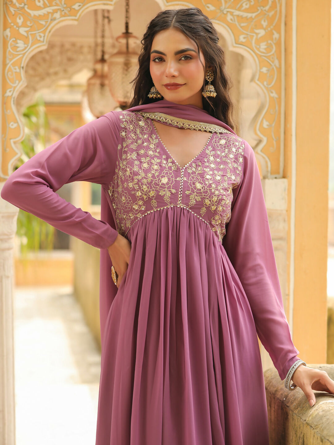 Janasya Lavender Georgette Yoke Embroidery Kurta,Bottom & Dupatta 