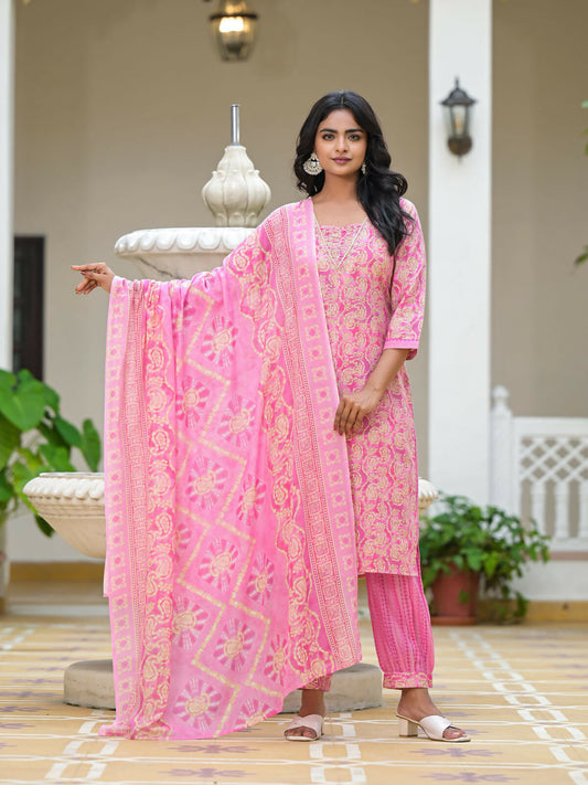 Juniper Women's Pink Ethnic Motif Printed Cotton Kurta Pant With Dupatta Set With Sequins & Lace