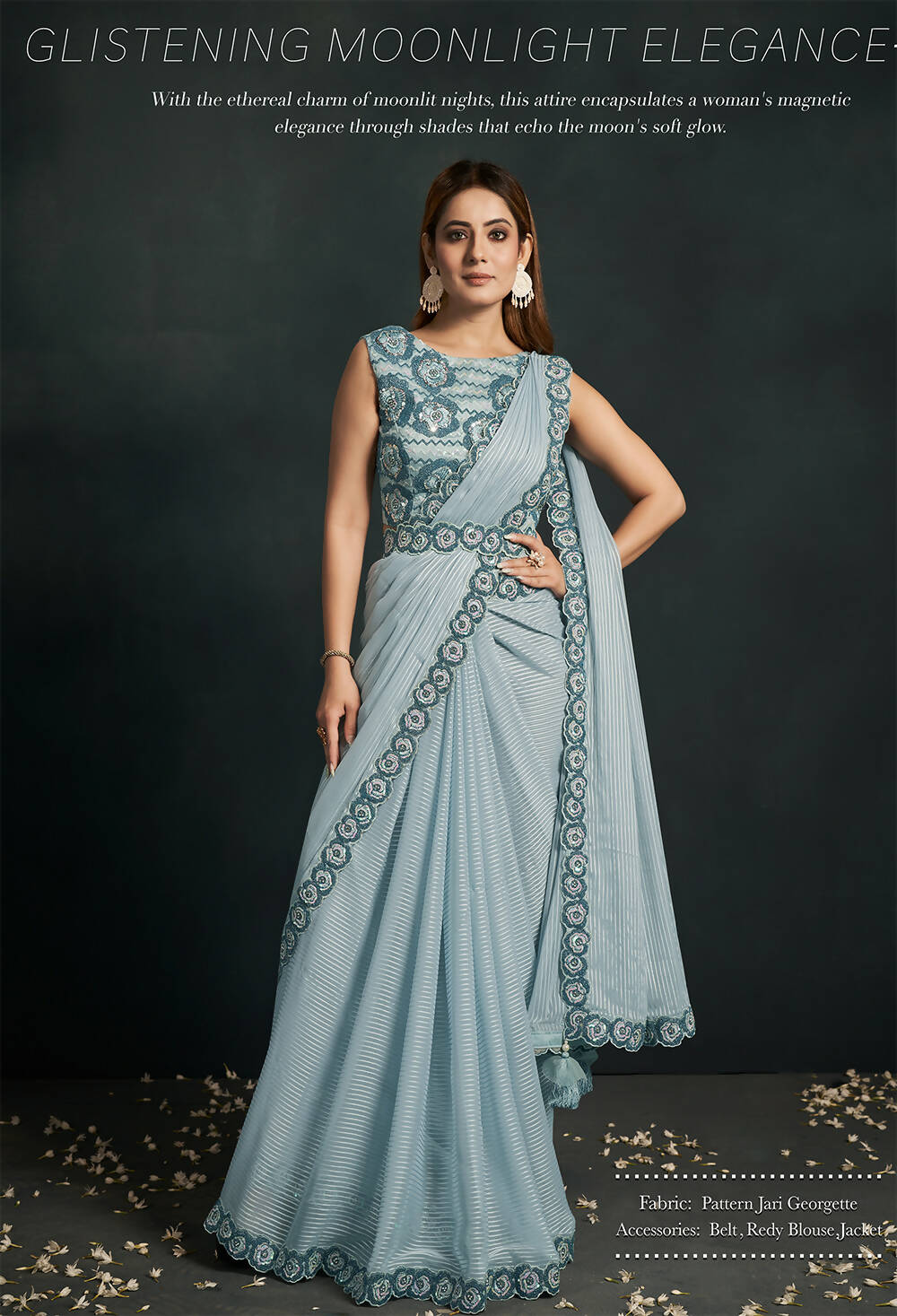 Light Blue Pattern Jari Georgette Cord Sequence & Thread Embroidered & Stone Work Saree - Moh-Manthan Royal Enigma