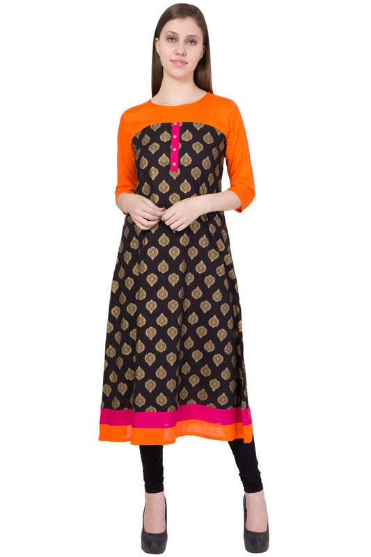 Women's Orange Round Neck Kurti With Contrast Panel In Printed Gold - G & A Apparels 