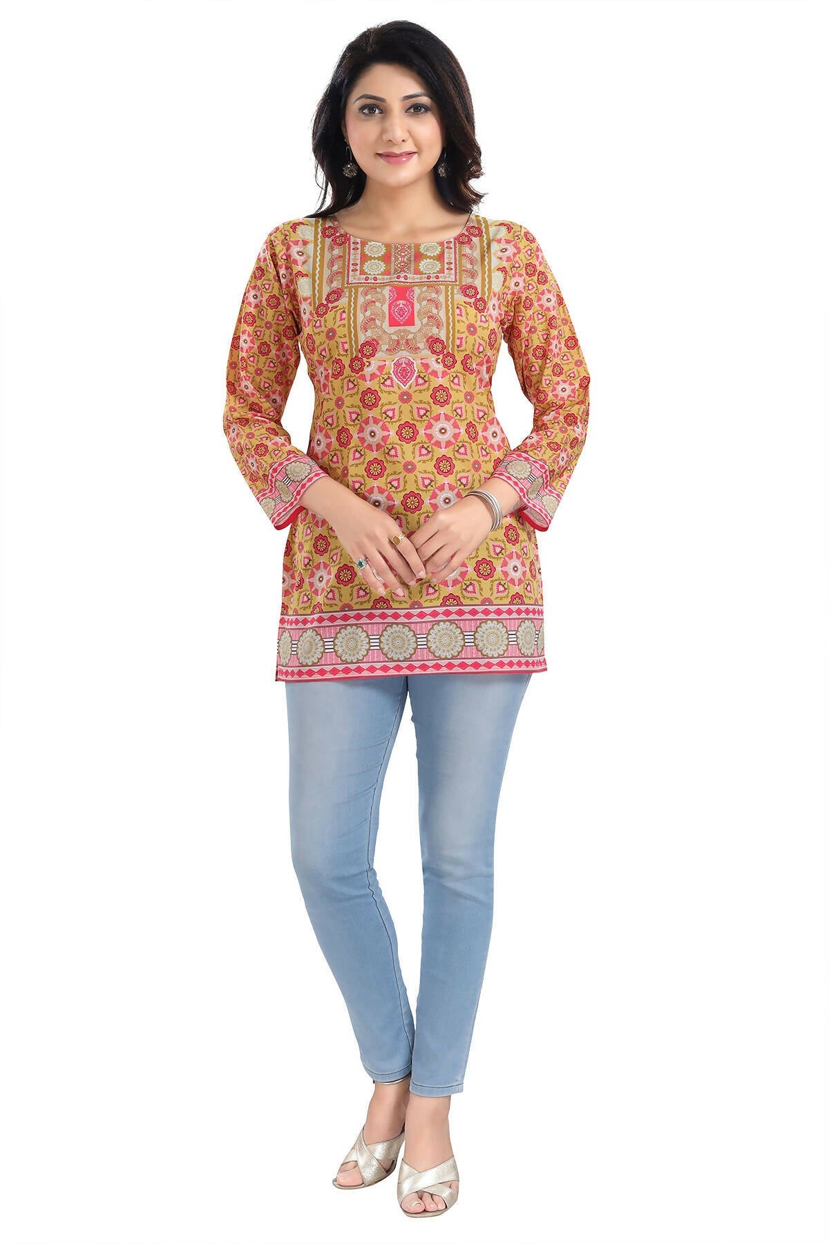 Snehal Creations Yellow Faux Crepe Short Kurti Tunic Top