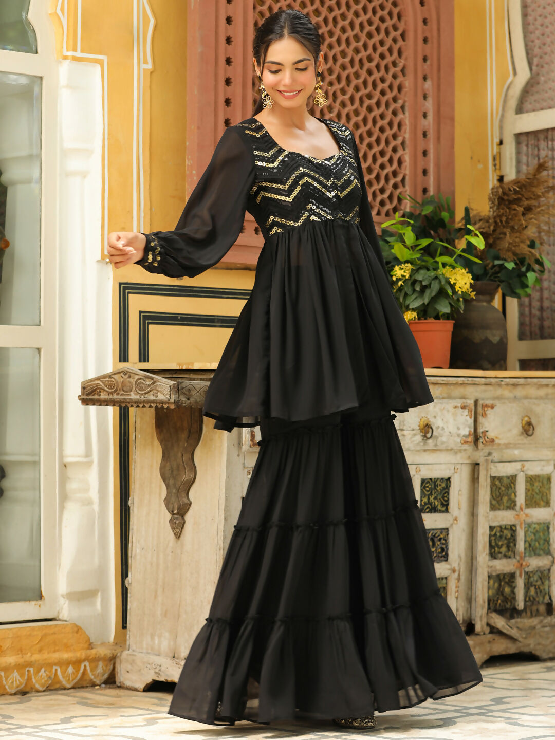 Janasya Black Georgette Sequined Tunic & Bottom 