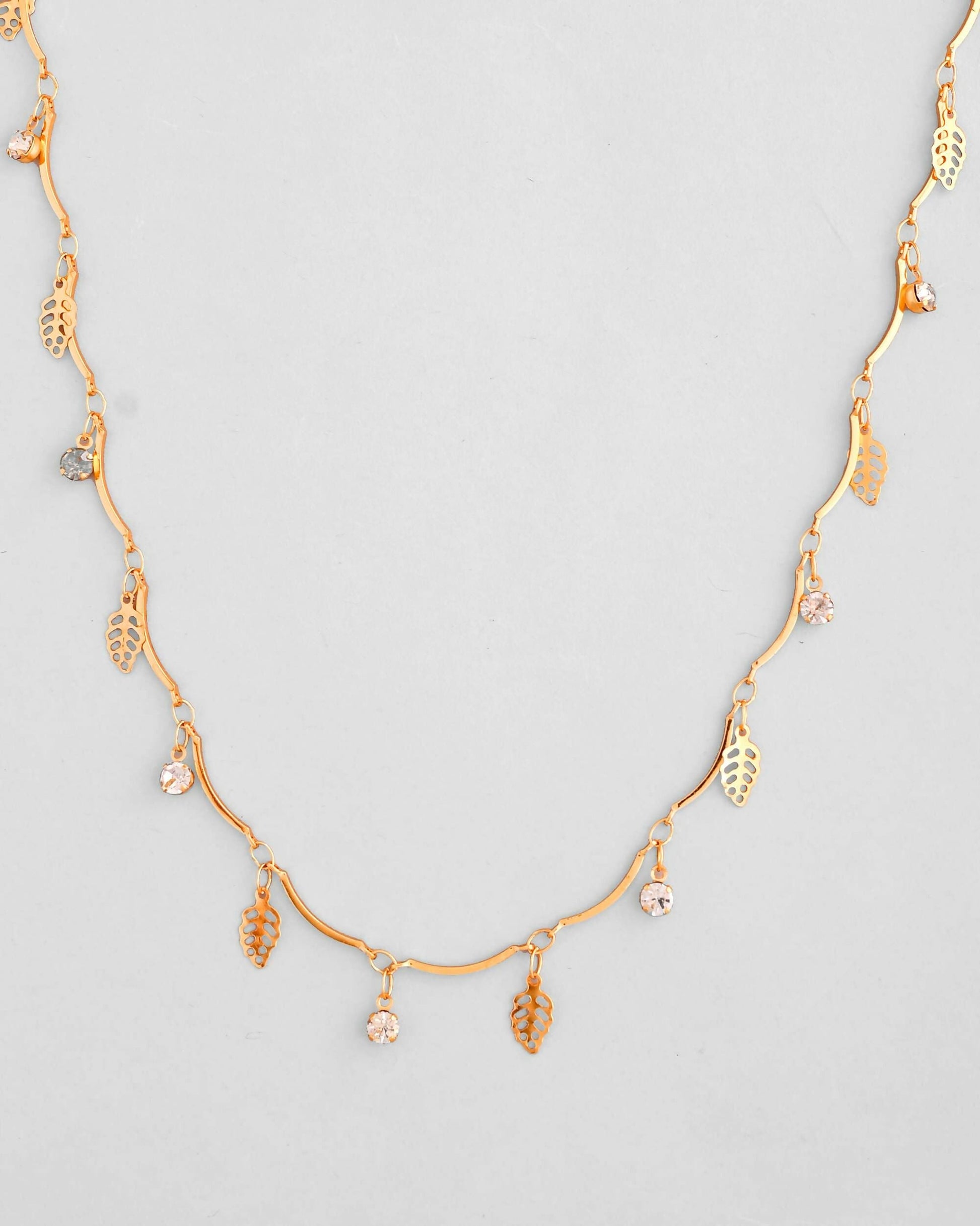VOJ Gold-Polished Designer Chain For Women With AD Stone And Leaf 