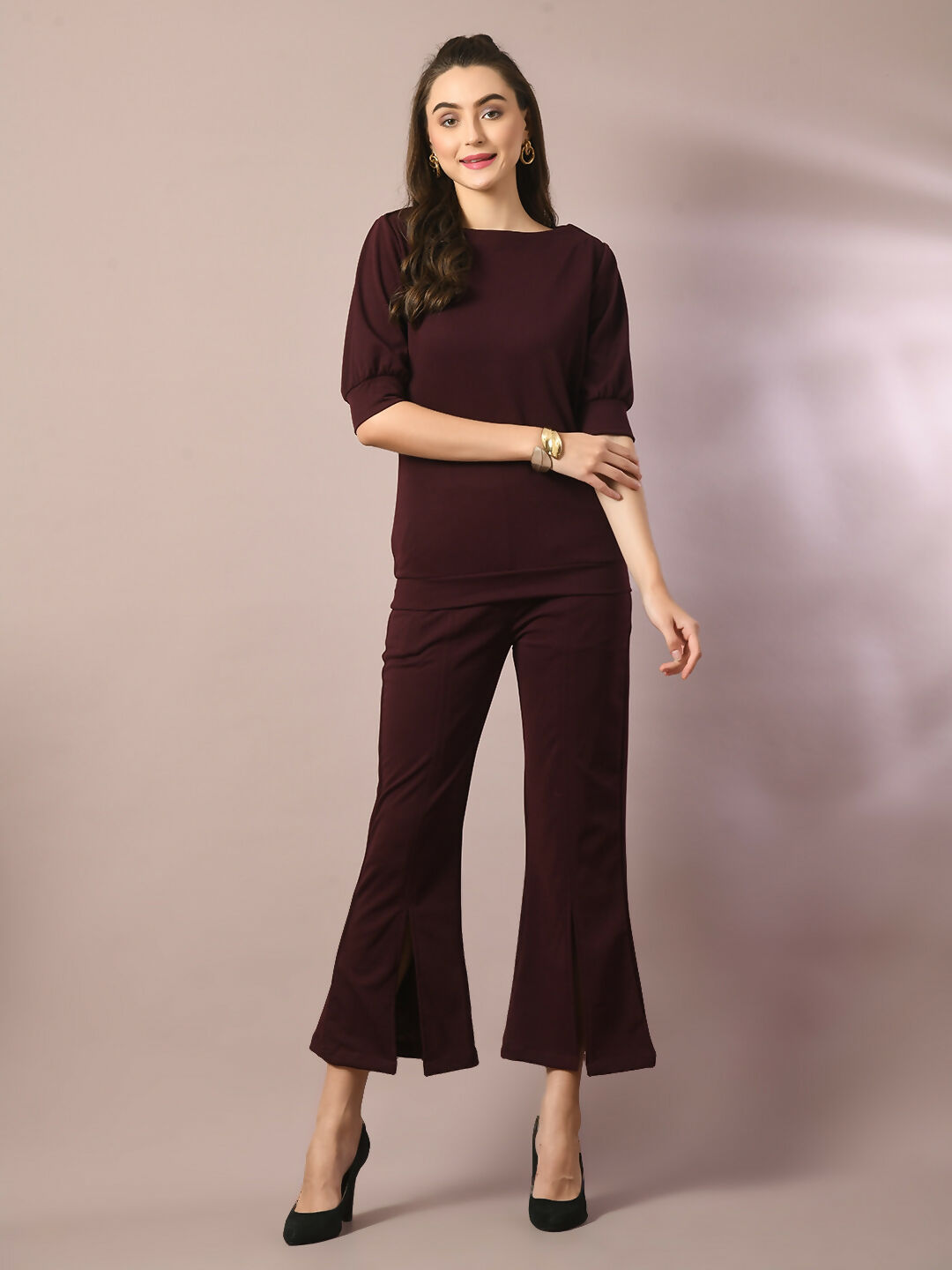 Myshka Women's Coffee Brown Solid Boat Neck Party Top