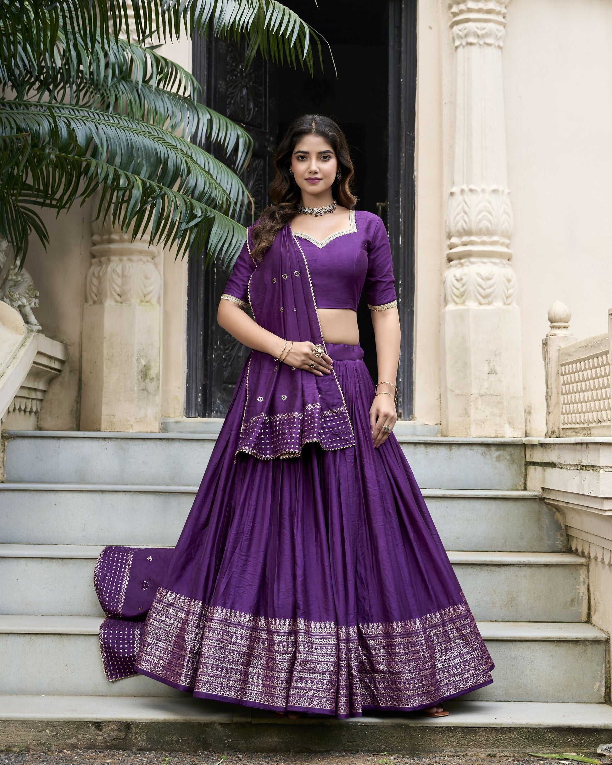 Lorenvalley Purple Pure Chanderi Plain With Zari Weaving Work Border Lehenga Choli 