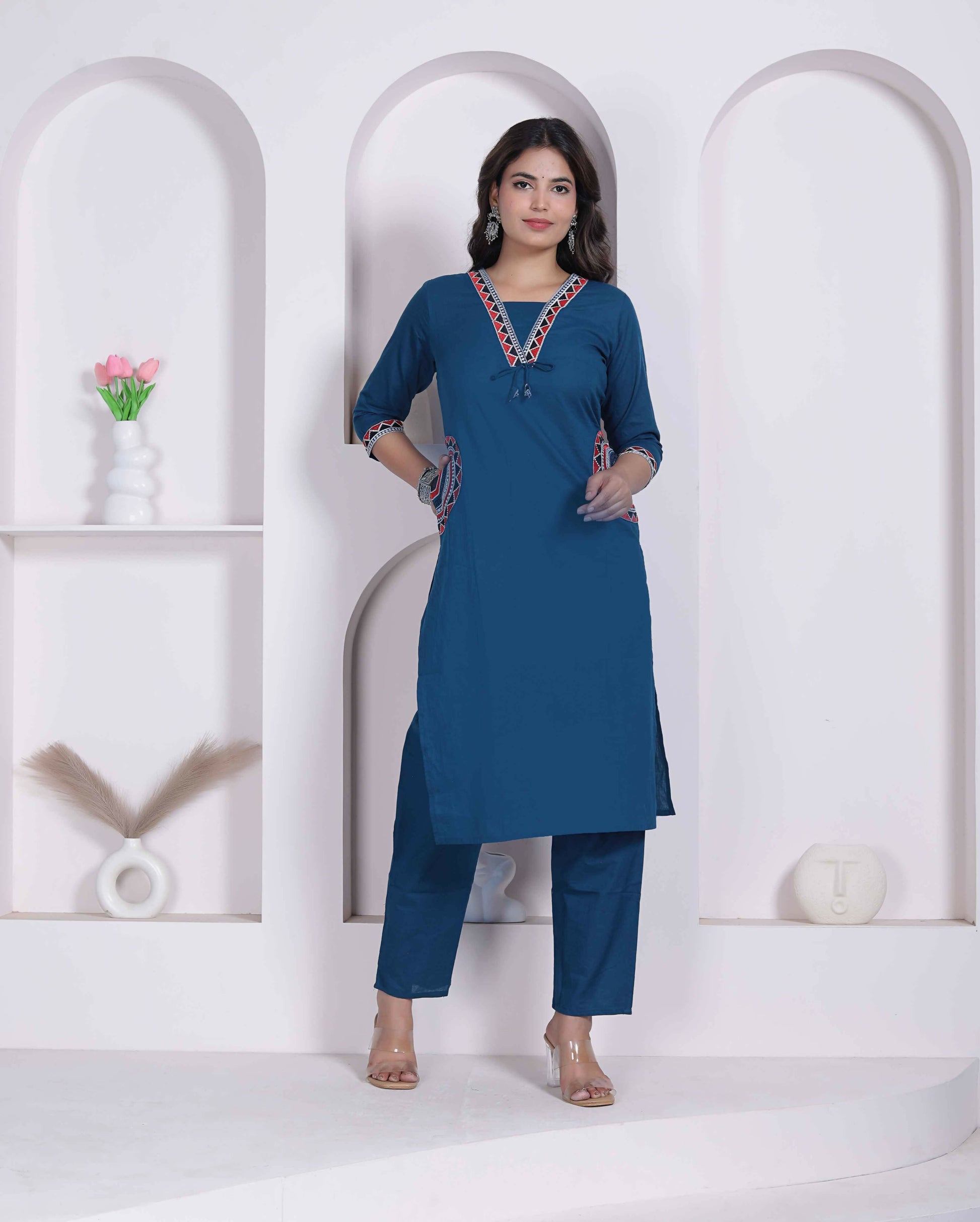 Miravan Womens Blue Straight Kurta With Palazzo Set