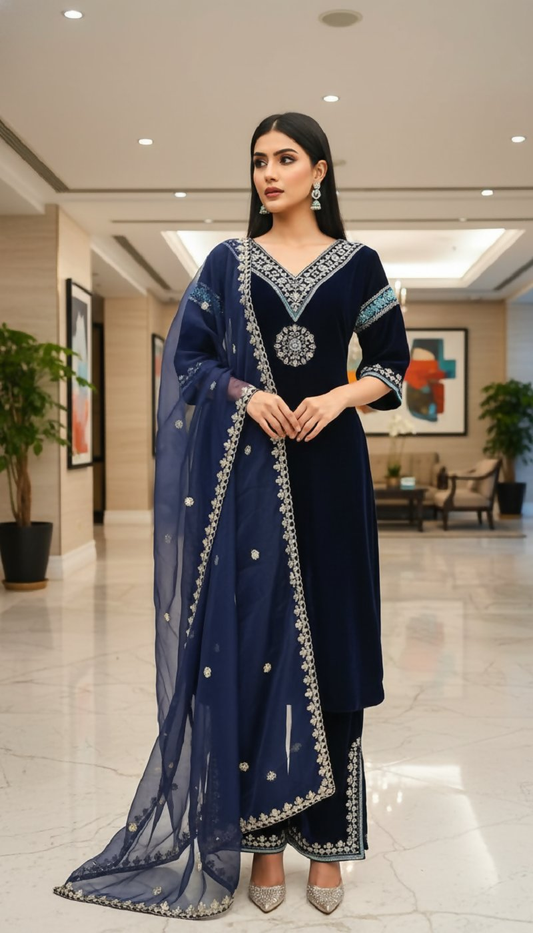Joban Fashion Blue Velvet Embroidery Sequence Work Readymade Kurta Set