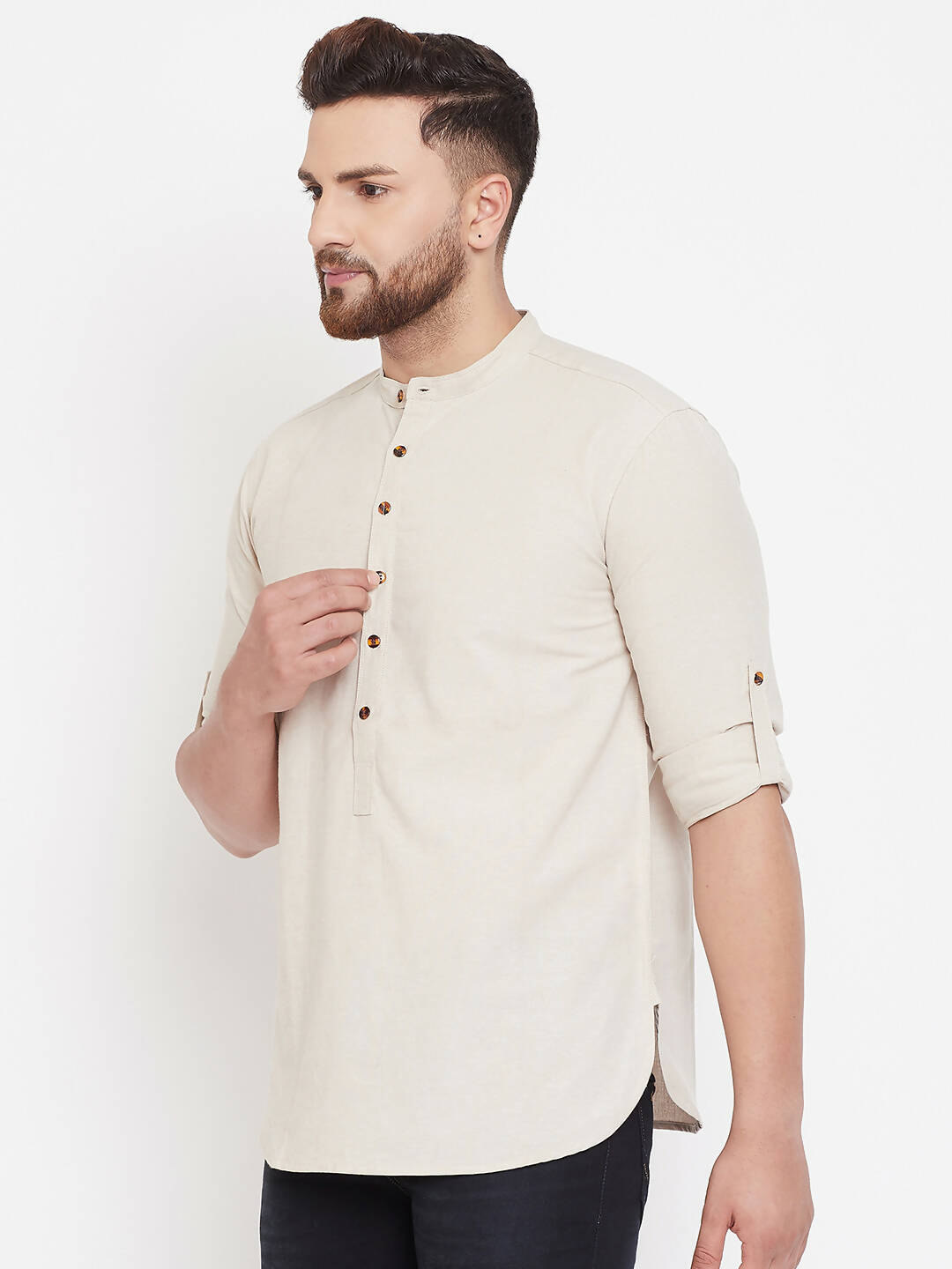 Even Apparels Beige Pure Cotton Men's Kurta With Band Collar