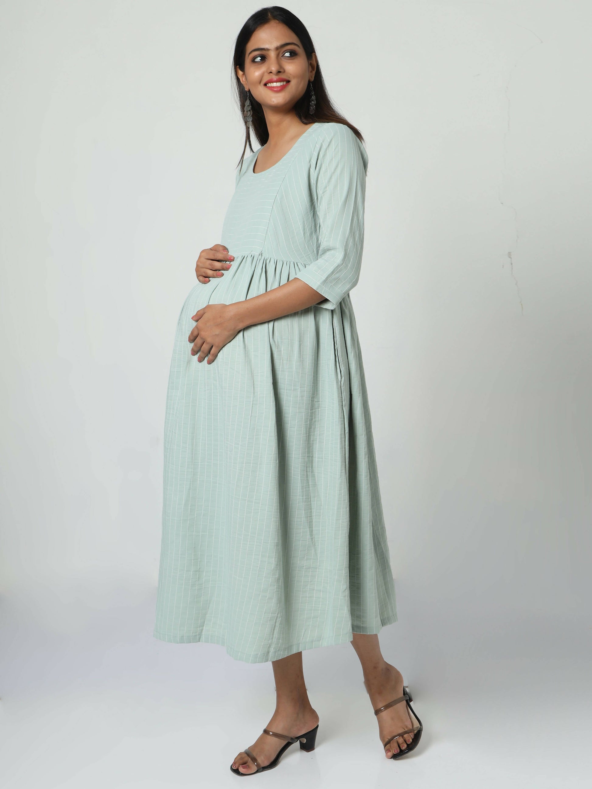 Manet Three Fourth Maternity Dress Striped With Concealed Zipper Nursing Access - Pista Green