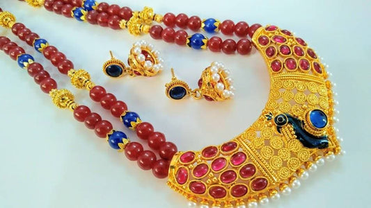 Pink & Blue Beaded Peacock Necklace Set